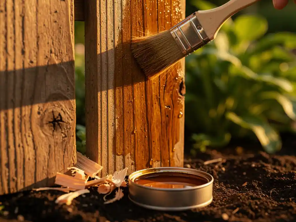 Verweerde douglas houten schutting behandeld met beschermende olie, open blik houtbeschermer op tuingrond, warme gouden middagzon.
