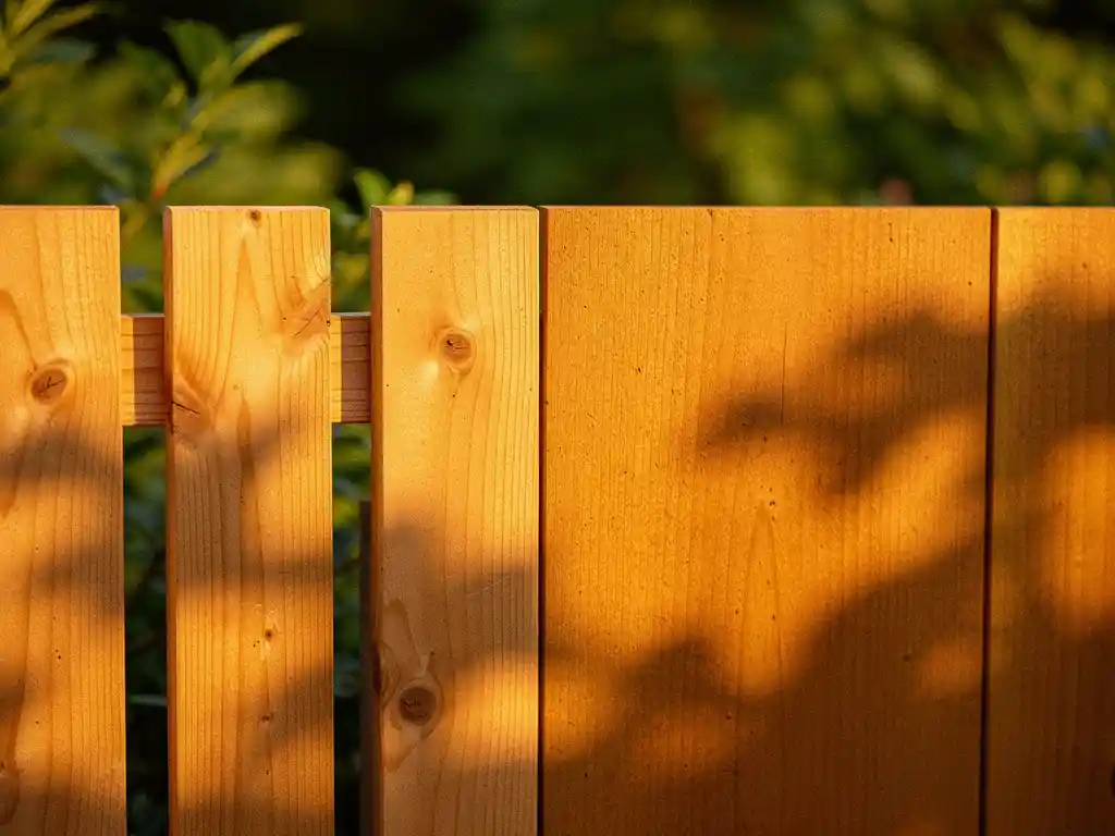 Douglas houten tuinschutting met open latten en gesloten planken, warme houtstructuur in amberkleurige tinten met groene tuinbeplanting op achtergrond.