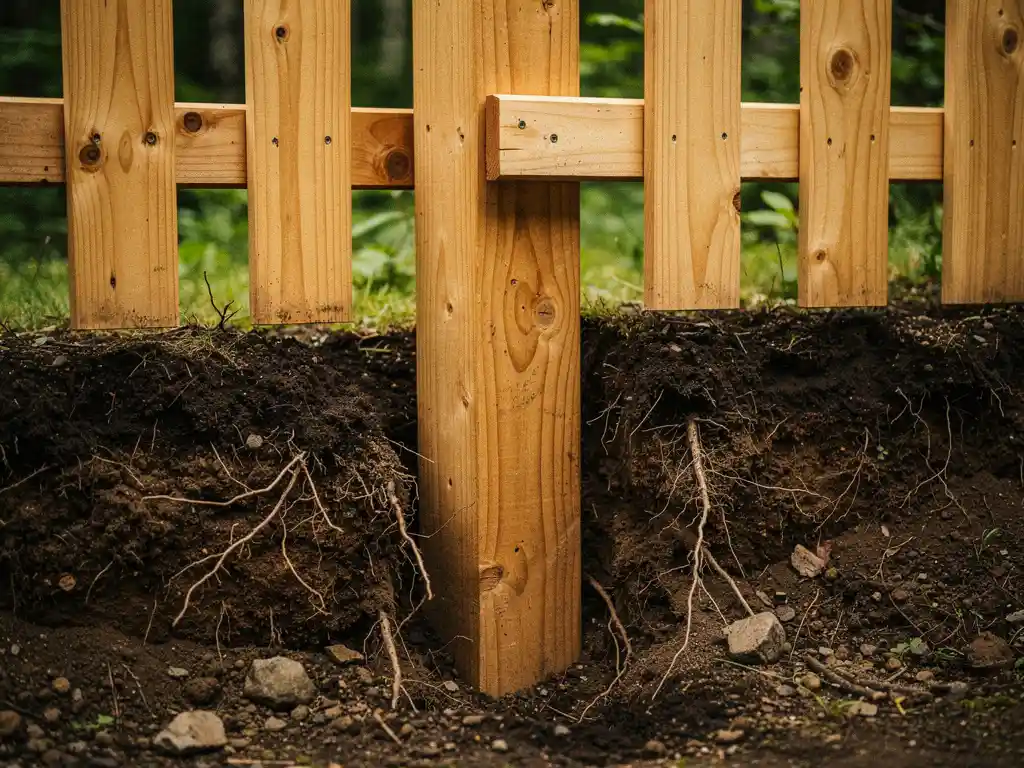 Douglas houten paalpost die in donkere, vruchtbare grond wordt geplaatst, met zichtbare aardlagen en een gedeeltelijk geïnstalleerd houten hekpaneel.