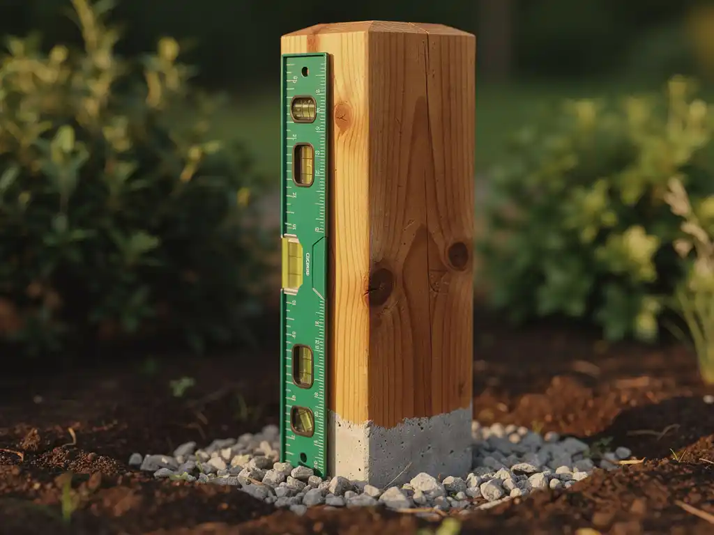 Douglas houten tuinpaal verticaal geplaatst in grond met grind en beton, spirit level bevestigt uitlijning, zachte groene tuinachtergrond.
