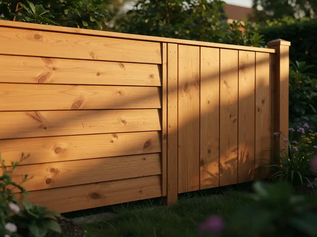 Douglas houten schutting met horizontale en verticale planken in weelderige groene tuin, warm houtnerf in zacht middaglicht.