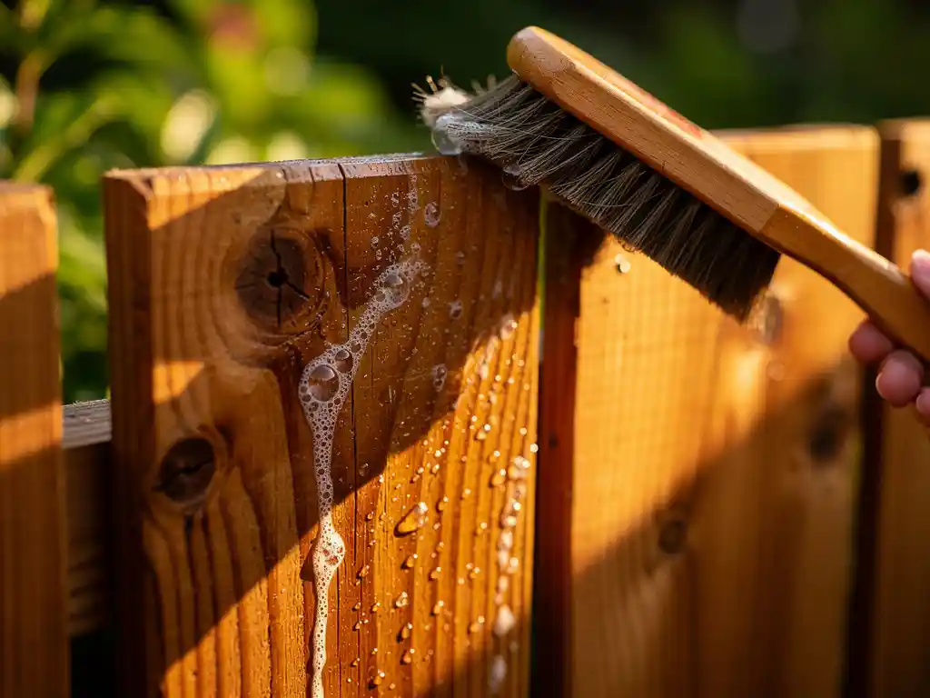 Houten Douglas schutting wordt schoongemaakt met zachte borstel en zeepwater, warme honingbruine houtnerf in middagzon.