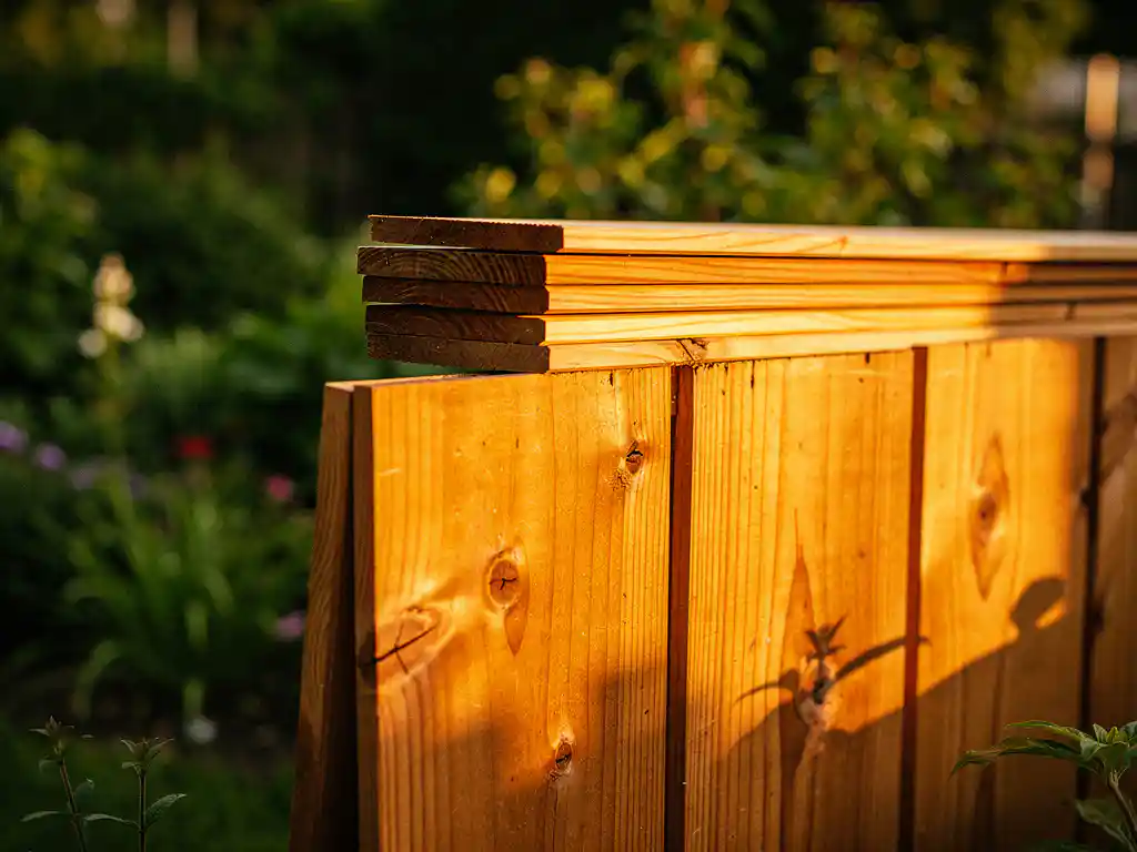 Nieuw gebouwd Douglas houten tuinschutting met zichtbare houtnerf en natuurlijke knopen, gestapelde planken in warm middaglicht.