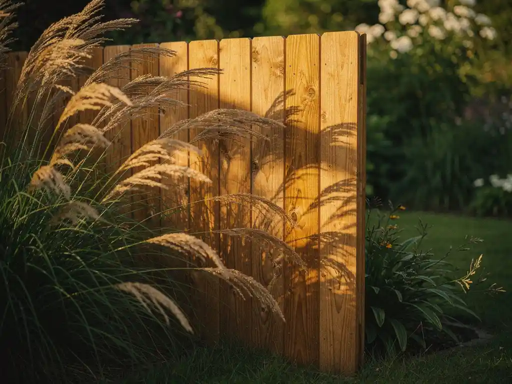 Houten douglas schutting in tuin die windwerking toont: golvende siergassen aan windzijde, beschutte kant volledig kalm.