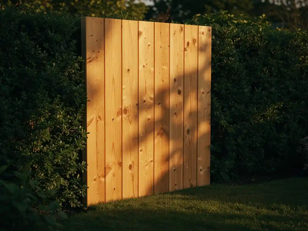 Houten douglas schutting langs tuingrens met zichtbare houtnerf, omgeven door groene heg en gras in warm middagzonlicht.