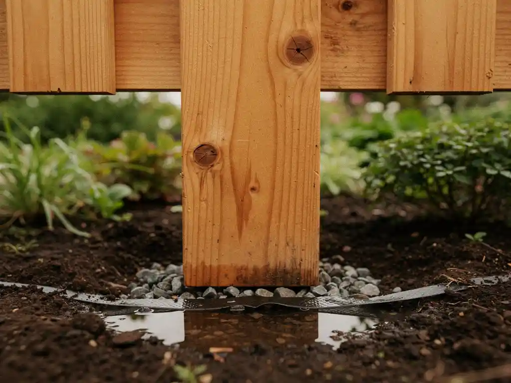 Douglas houten schutting paal in contact met natte grond, waterplasje rond de basis, grind en vochtwerend materiaal zichtbaar, groene tuin op achtergrond.