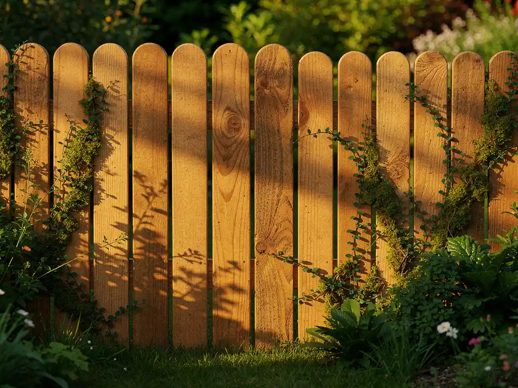 Douglashout schutting en afgeronde paalomheining naast elkaar in een groene tuin, met zichtbare houtnerf en klimplanten in warm middagzonlicht.