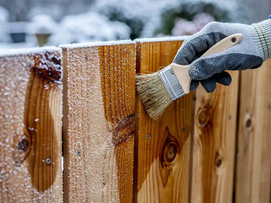 Bevroren douglas houten schutting behandeld met beschermende houtbeits, handgeschoende hand brengt olie aan met kwast, besneeuwde tuin op achtergrond.