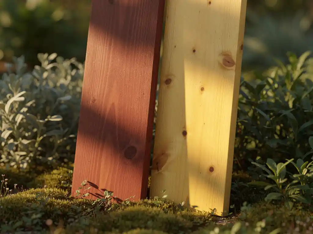 Twee houten schuttingplanken naast elkaar in een tuin: roodbruin Douglas hout en lichtgeel sparrenhout met noesten, op bemost oppervlak.
