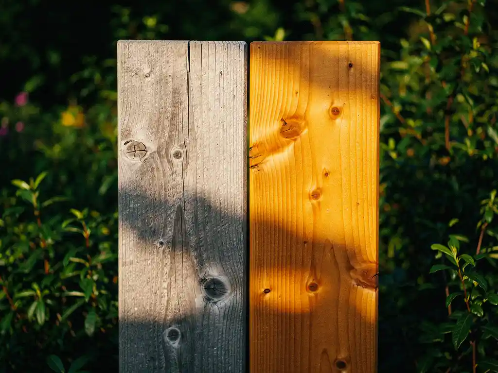 Verweerde douglas houten schutting met zilvergrijs oud hout naast vers honingbruin hout in een groene tuin.
