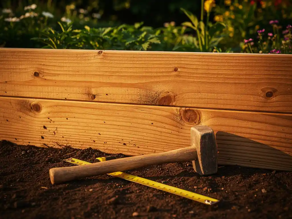 Verweerde douglas houten schuttingpaneel geplaatst in groene tuin, met houten hamer en meetlint op verse grond in warm middagzonlicht.