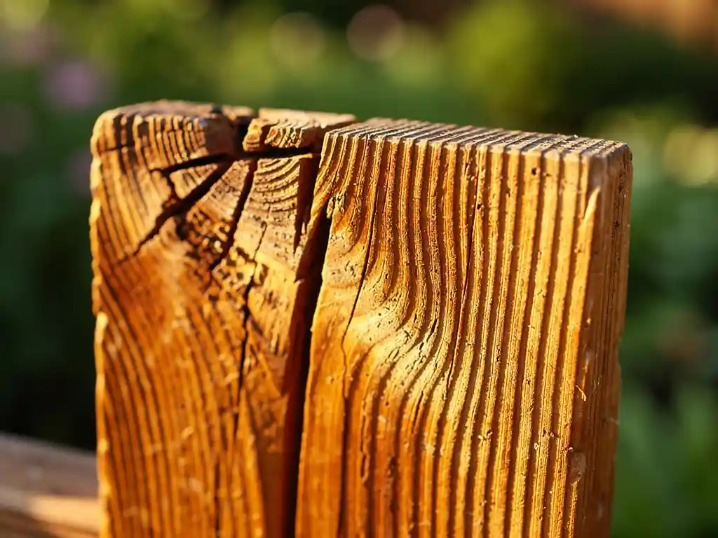 Verweerde douglas houten schutting plank met diepe scheuren en nerf, warm amberkleurig hout in middagzonlicht, groene tuin op achtergrond.