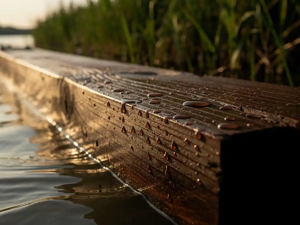 Hardhouten damwandplank half ondergedompeld in troebel kanaalwater, met glanzende beschermlaag die waterdruppels afstoot, omgeven door groene rietkraag.