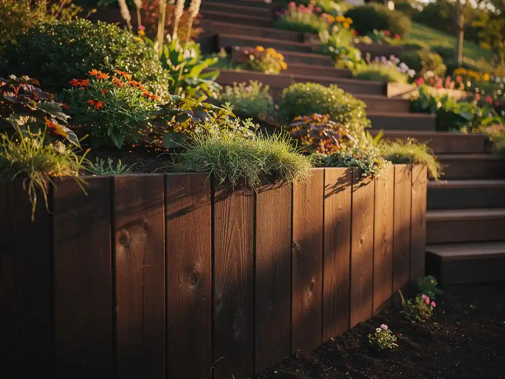 Hardhouten damwand keermuur die een begroeide tuinhelling ondersteunt, met donkere houten planken in de grond en bloeiende planten over de rand.
