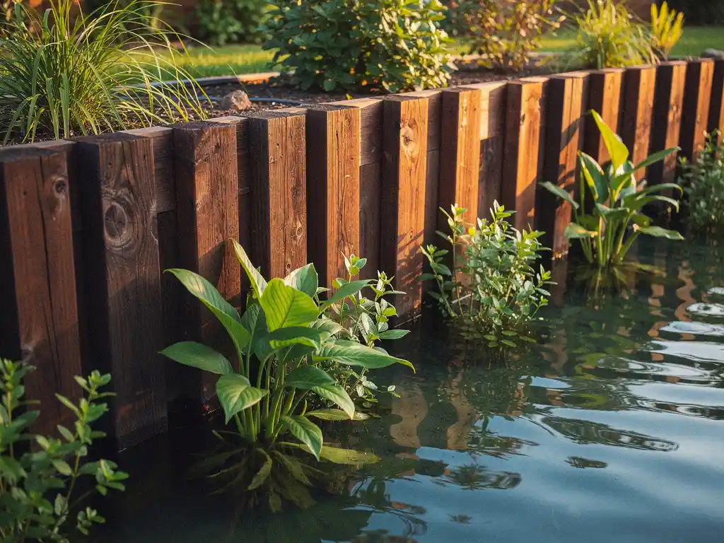 Hardhouten damwand als vijverkant in achtertuintje, donkere tropische planken deels onder water met weelderige waterplanten in zacht middaglicht.