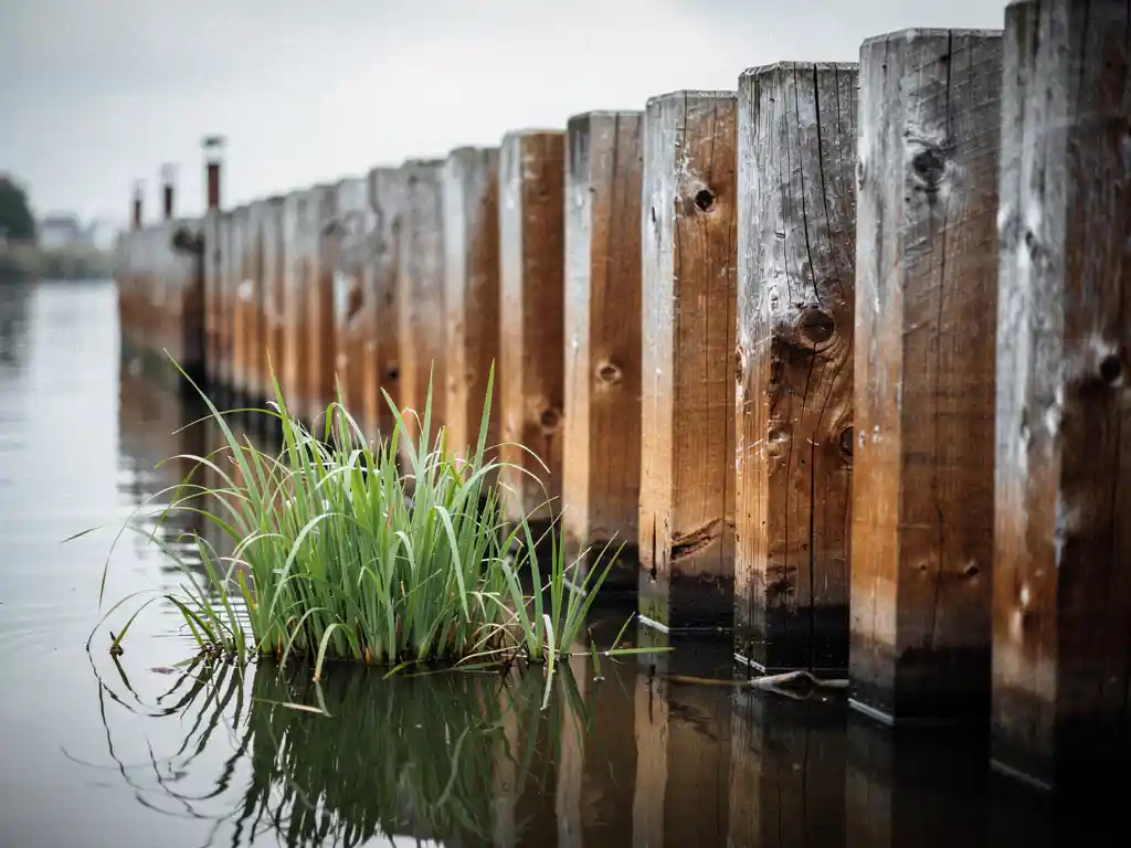 Verweerde hardhouten damwand langs een rustige Nederlandse gracht, met zilvergrijs verouderd hout, bruine tinten en groene rietplanten.