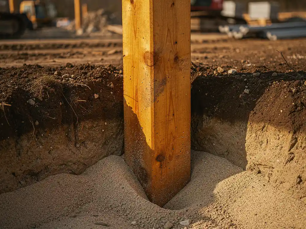 Hardhouten damwandplank verticaal ingeheid in zandige bodem, met zichtbare aardlagen en warme middaglichtval op de houtnerf.