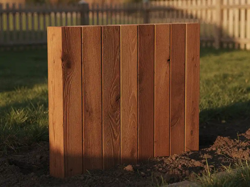 Hardhouten damwand van strak in elkaar gesloten planken in tuingrond, met houten schutting en groen gras op de achtergrond.