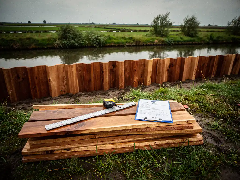 Hardhouten damwand langs slootkant in Nederlandse poldertuin, met gestapelde tropische hardhouten planken, meetlint en vergunningsdossier.