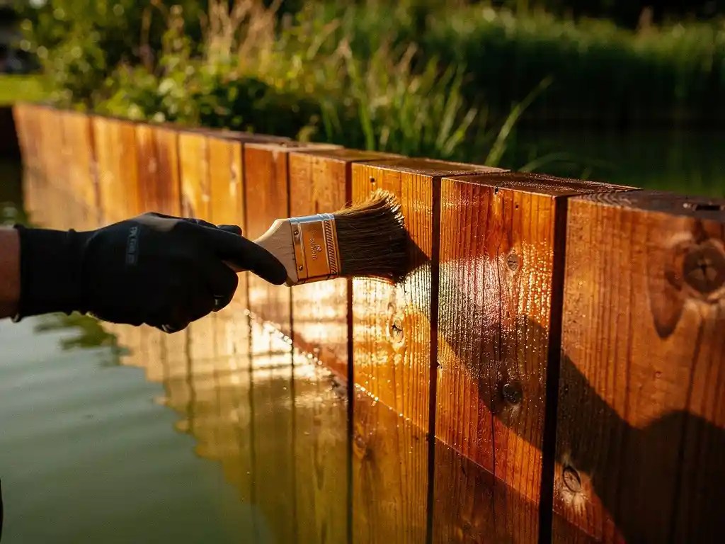 Arbeider behandelt houten damwand aan waterkant met beschermende houtbeits, amberkleurig eikenhout in detail zichtbaar.