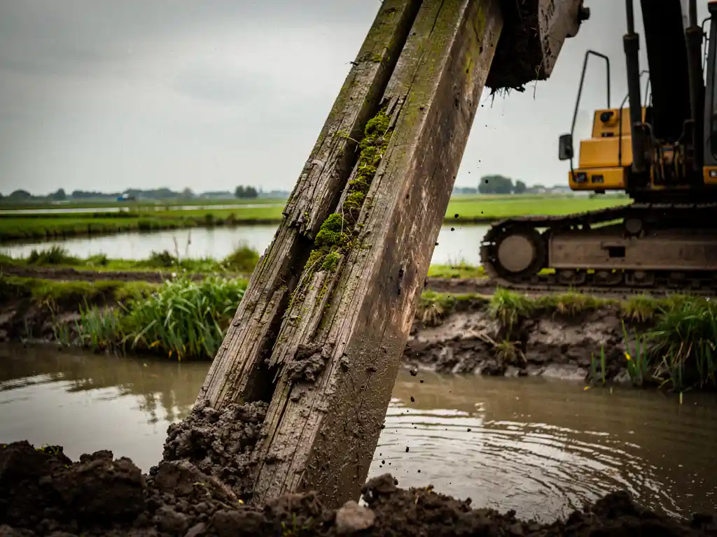 Verweringshard houten damwandplank die wordt uitgetrokken uit waterrijke veengrond langs een slootkant in een Nederlands polderlandschap.