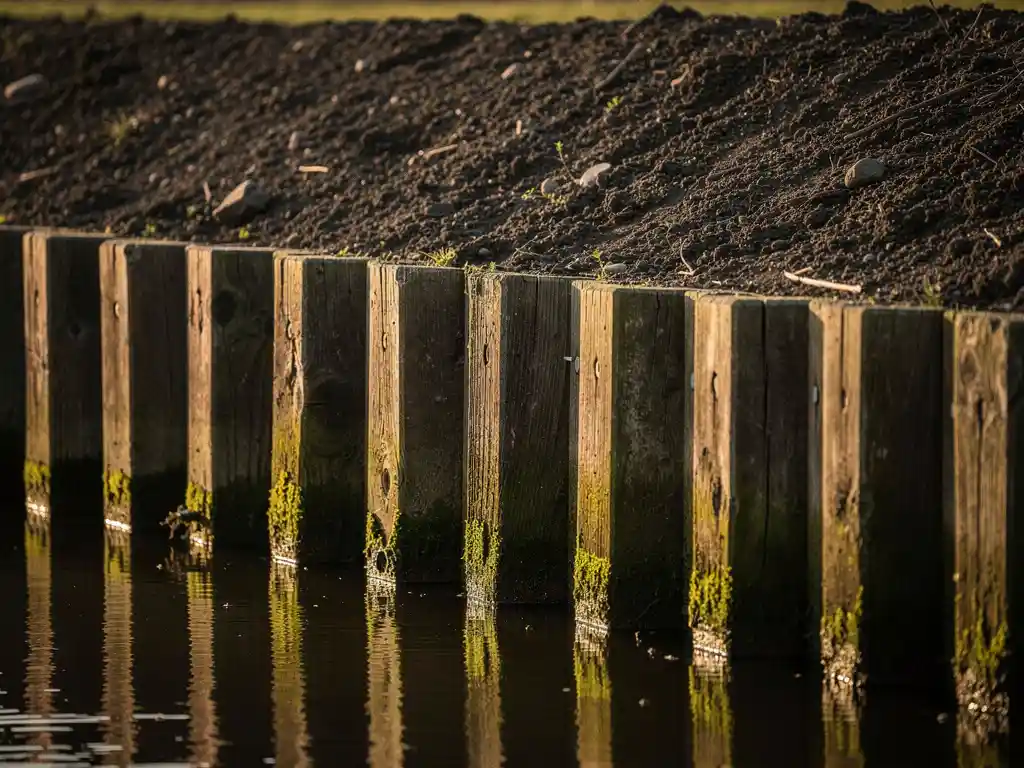 Verweerde houten damwand langs een Nederlandse gracht, met mos en houtnerf in warm middaglicht.