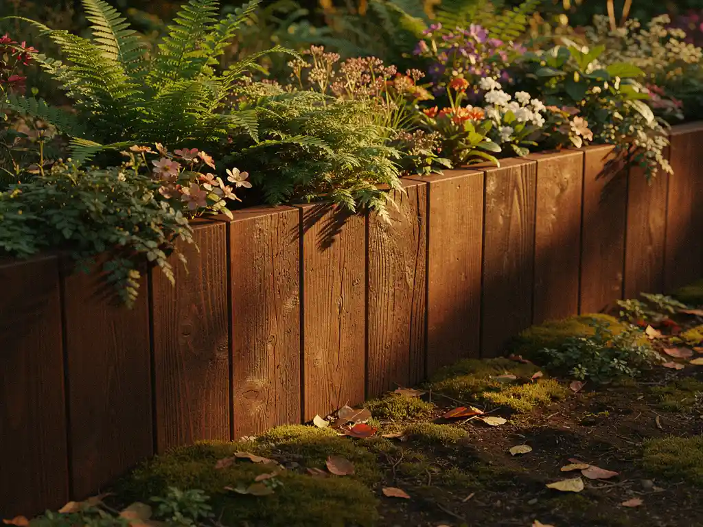 Hardhouten damwand keert weelderige tuin met varens en bloeiende planten, goudkleurig middaglicht op de houtnerf.