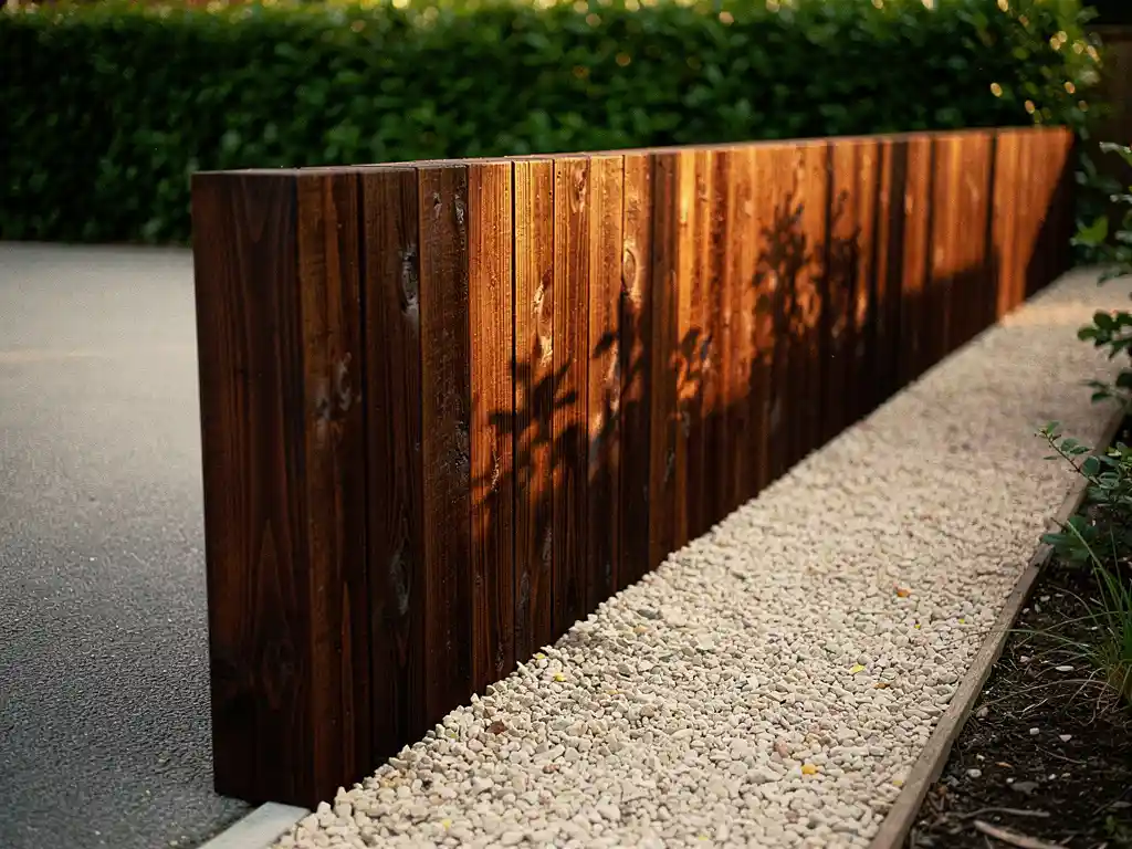 Houten damwandplanken scheiden oprit van tuinrand, met grindpad, groene haag en warme middagzon op het donkere hout.