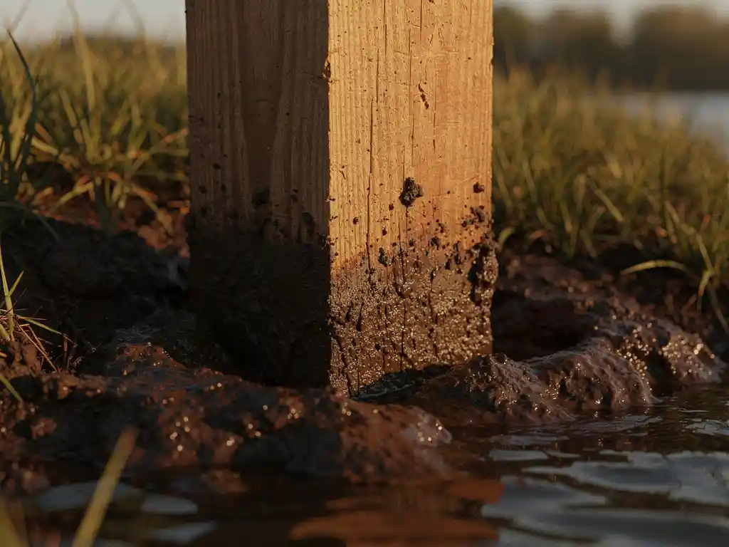 Hardhouten damwandplank verticaal ingeheid in waterrijke, donkere rivieroeverklem met nat gras en glanzend water op de achtergrond.