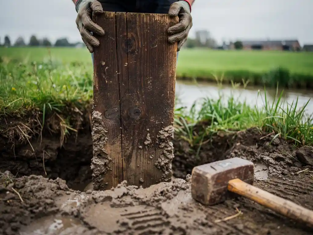 Verweerde hardhouten damwandplank die met gehandschoende handen in zachte rivieroever wordt gedreven, Nederlands polderlandschap op de achtergrond.
