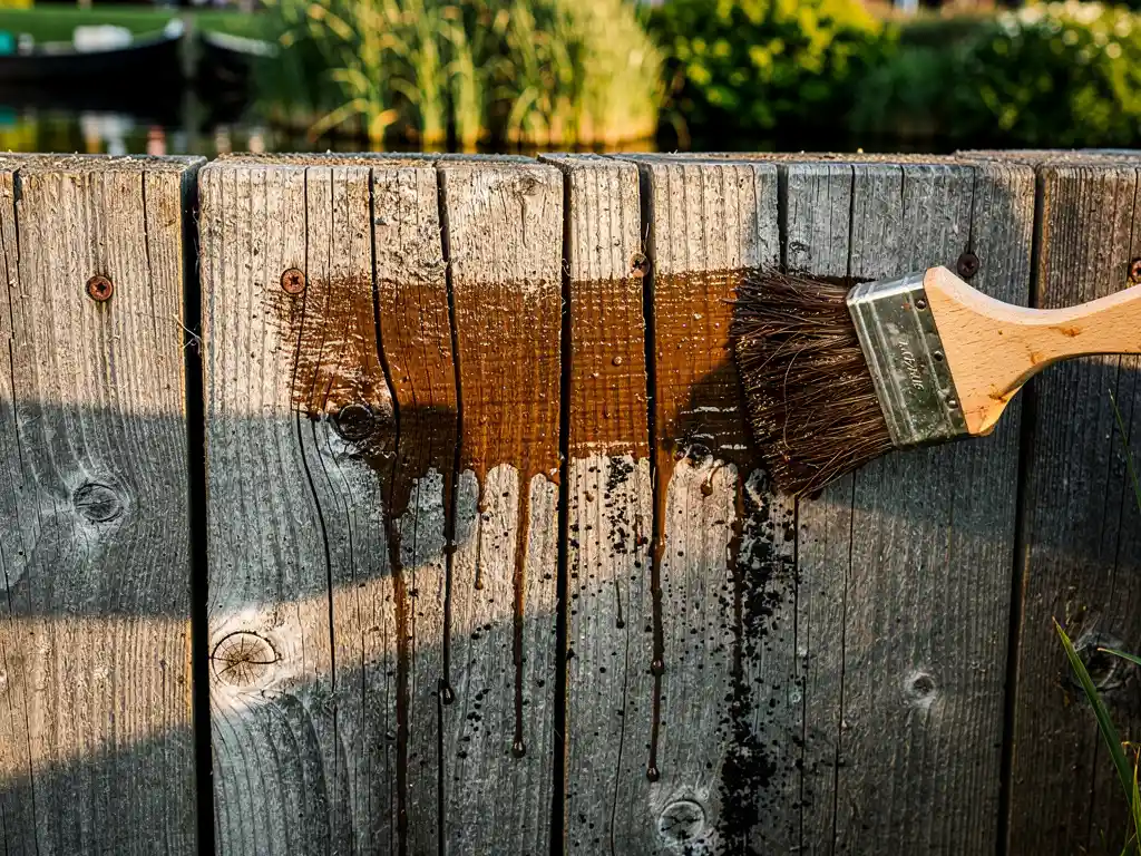 Verweerde houten damwand wordt schoongebortseld, warm kastanjebruin hout komt vrij onder grijze verwering, Nederlandse waterweg op achtergrond.