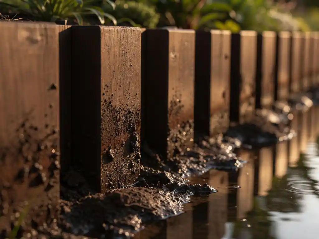 Tropisch hardhout damwandplanken verticaal in natte tuinbodem langs waterpartij, warme amberkleurige belichting op houtnerf.