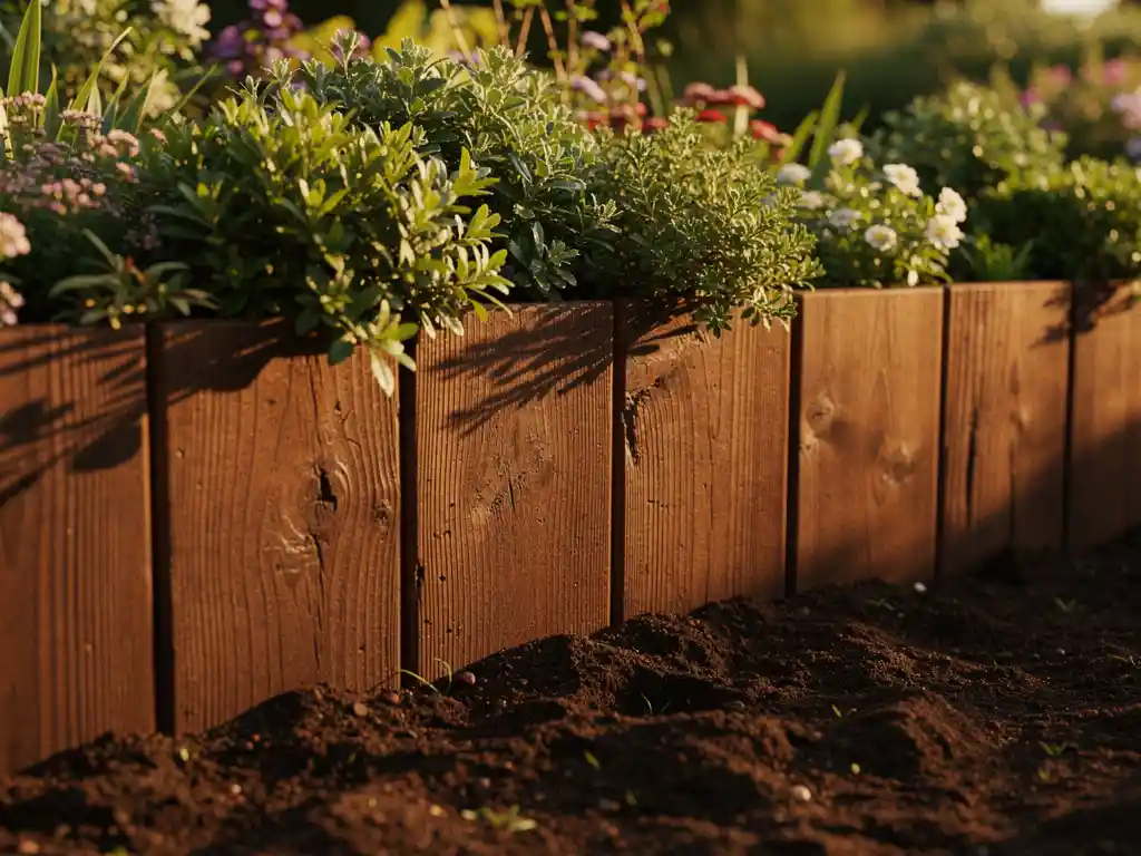 Houten damwand van donker hardhout met zichtbare houtnerf, omgeven door bloeiende planten en struiken in een tuinborder.