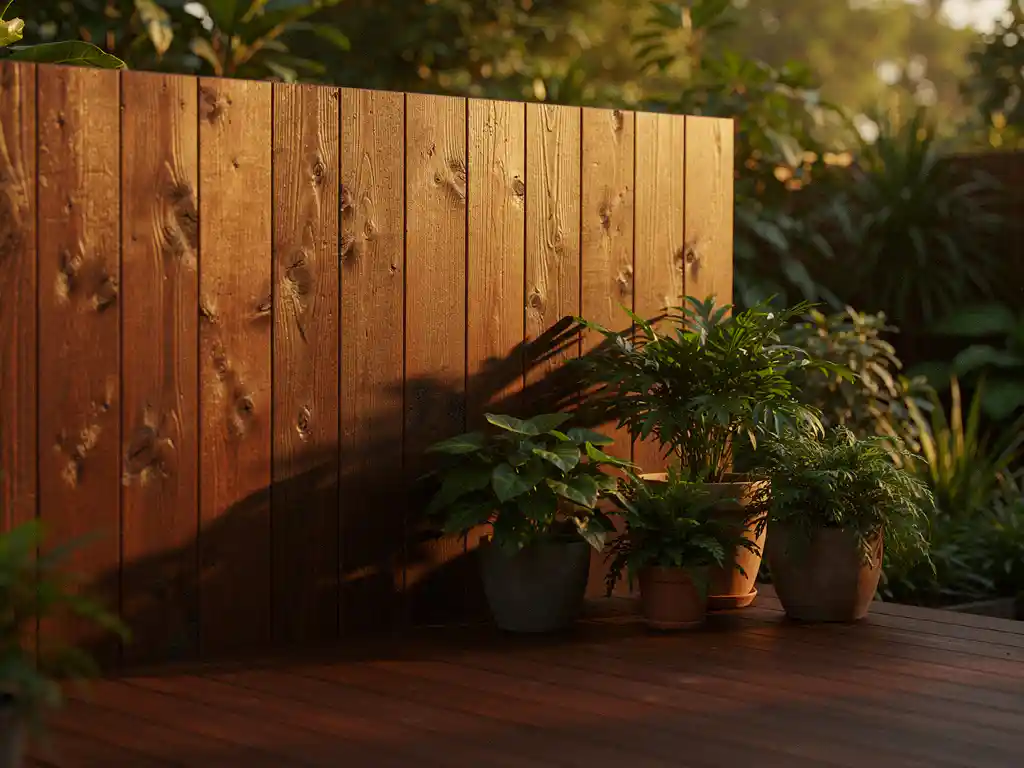 Houten damwand van tropisch hardhout als terrasscheiding in weelderige tuin, met potplanten en houten vlonder op de voorgrond.