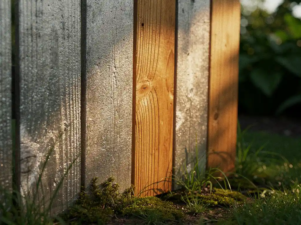 Verweerde Douglas houten schutting in groene tuin met zilvergrijs patina, honing bruine planken en mos aan de basis in middaglicht.
