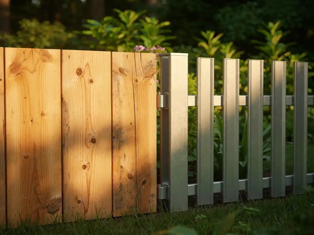 Verweerde douglas houten schutting naast een stalen gegalvaniseerde metalen omheining in een groene tuin, warm middaglicht.