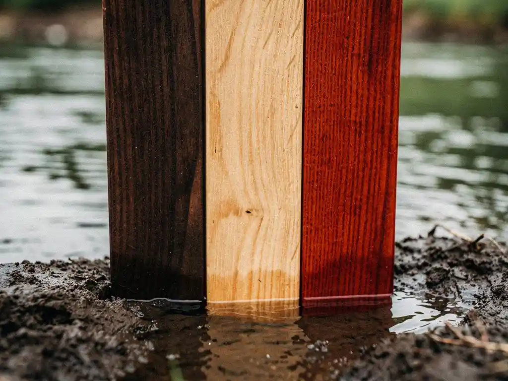 Drie verticale houten planken van tropisch hardhout, eik en azobé in vochtige rivieroever, met zichtbare houtnerf en waterreflecties.