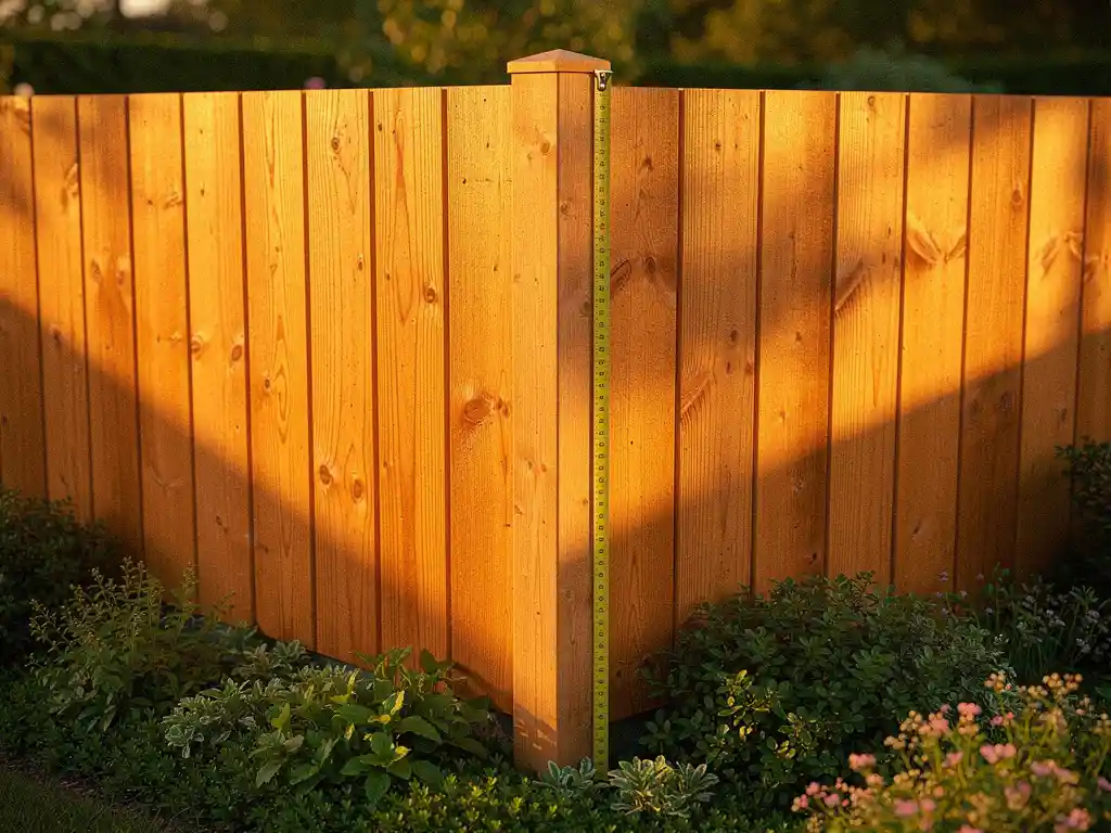 Houten douglas schutting in Nederlandse tuin met meetlint tegen de paal, omgeven door groen struikgewas in warm middaglicht.