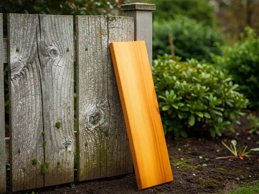 Verweerde grijze douglas schutting met mosplekken en scheurend hout, naast een nieuw goudbruin douglas plank in Nederlandse tuin.