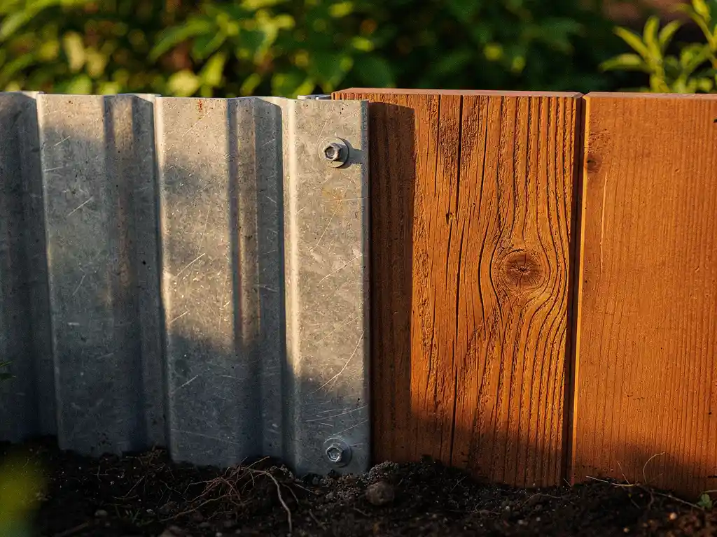 Stalen damwand naast een houten tuinschutting in donkere tuingrond, warm hout contrasteert met grijze gecorругeerde metaal in middagzon.