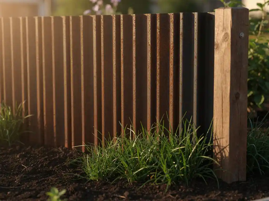 Stalen damwandplaten als tuinafscheiding in donkere aarde, roestbruin gegolfd metaal naast groen gras en houten paal in middagzon.