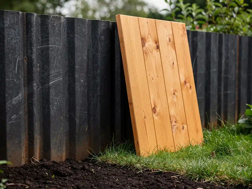 Verweerde stalen damwand langs tuinrand met hardhouten schutting ertegenaan, omgeven door gras en tuinaarde.