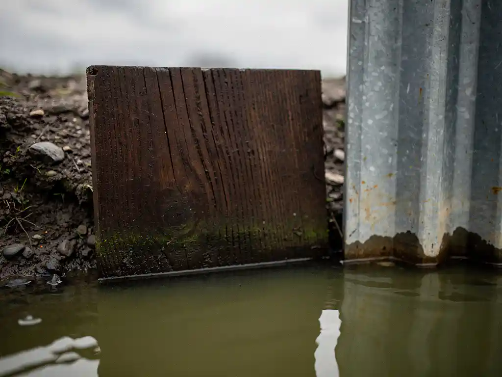 Verweerde tropische hardhouten beschoeiingsplank in modderige Nederlandse watergang naast een stalen damwand, kalm groen water op de achtergrond.