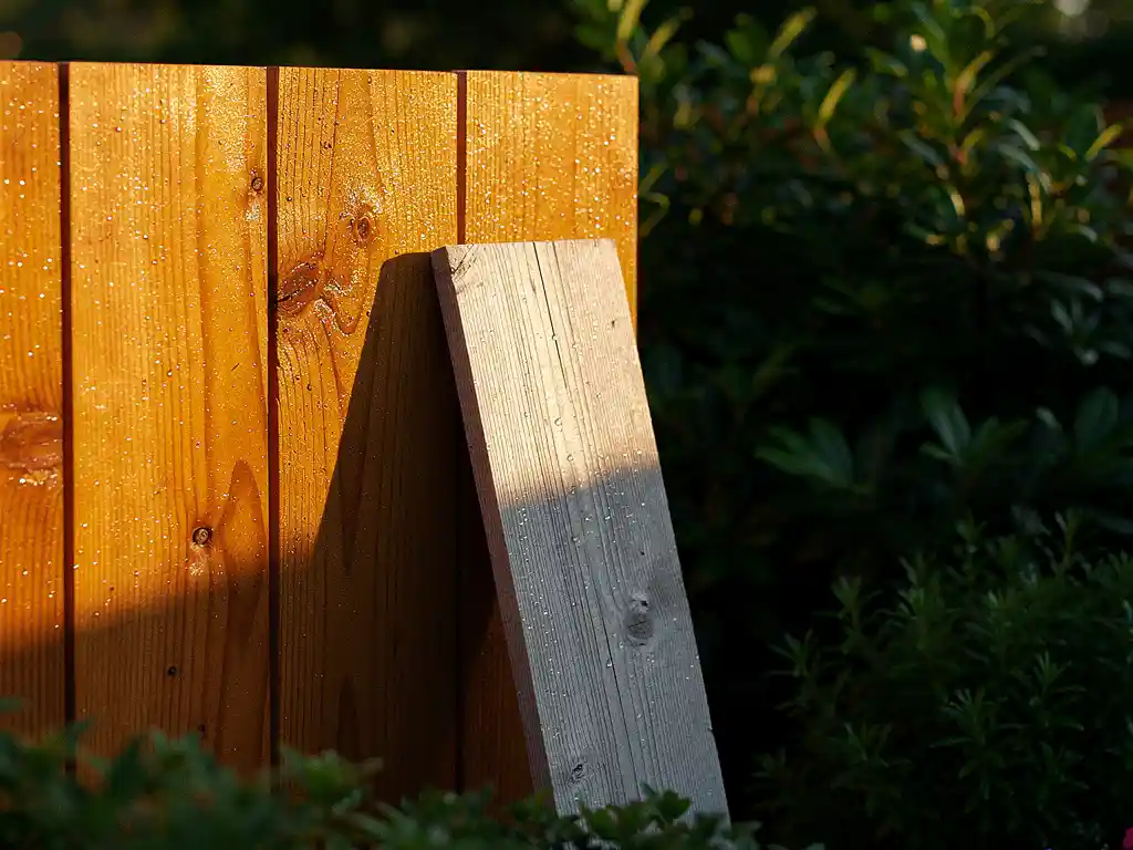 Verweerde douglas houten schutting met warme honingbruine houtnerf, omgeven door weelderig groen tuingebladerte in ochtendlicht.