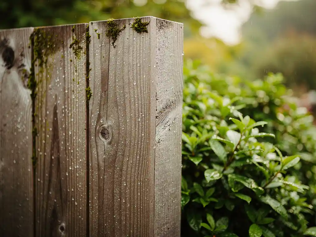 Verweerde Douglas houten schutting met zilvergrijs patina, mos en regendruppels, omgeven door weelderig groen tuingebladerte.